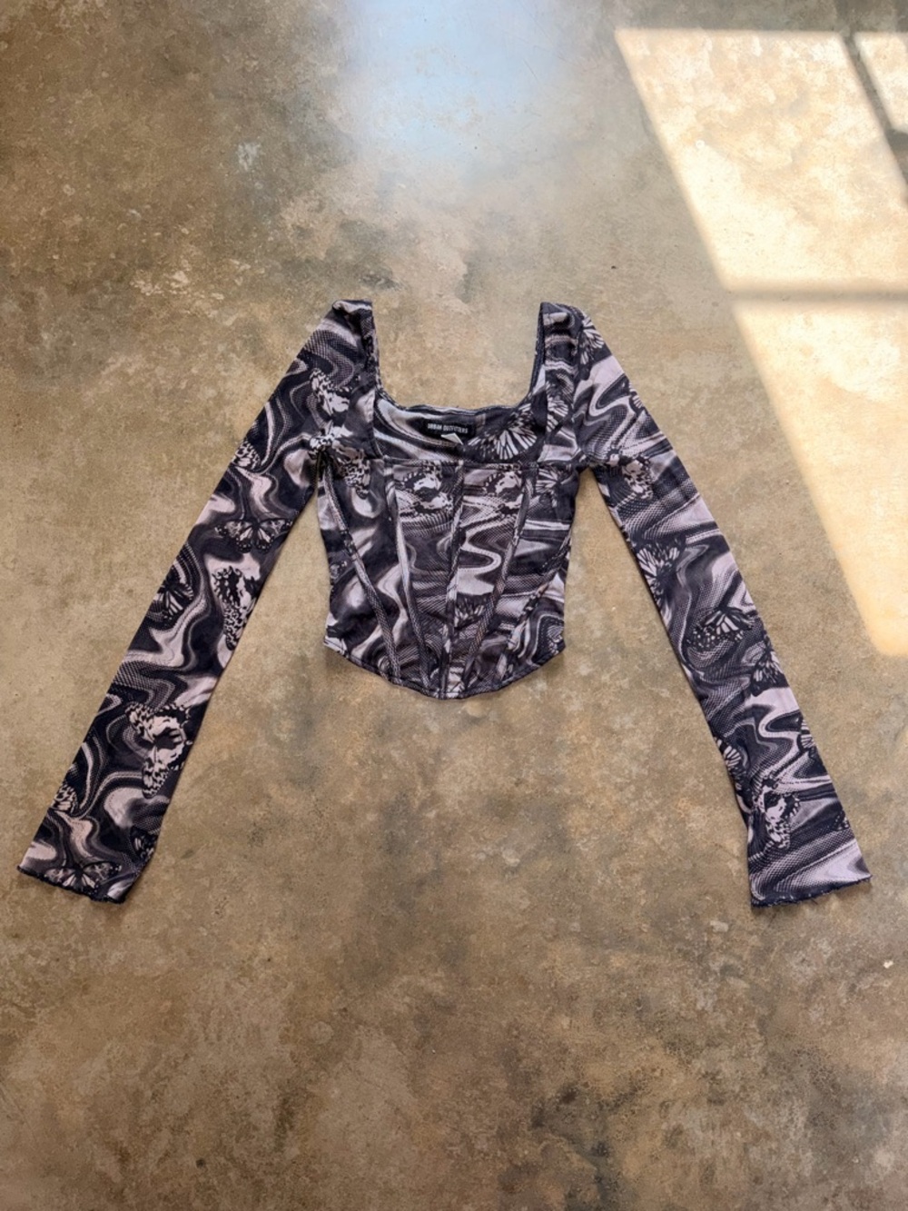 Urban Outfitters Black and Gray Marble Mesh Long-Sleeve Corset Top - Size S
